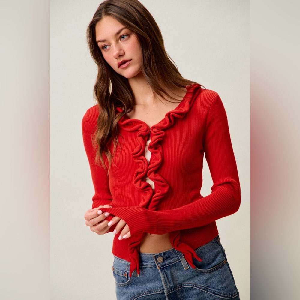 SO ME Cascade Ruffle Ribbed Sweater Cardgian🛍️ - Picture 4 of 8